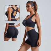 2pcs Womens Seamless Yoga & Workout Set in black showcasing front and back view of top and shorts.