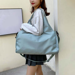 Womens Yoga Bag carried by a model, showcasing its spacious design and trendy look, ideal for workouts and daily use.