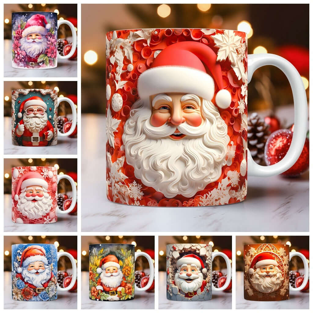 3D Christmas Ceramic Mug Snowman & Santa Holiday Coffee with festive Santa designs and vibrant colors.