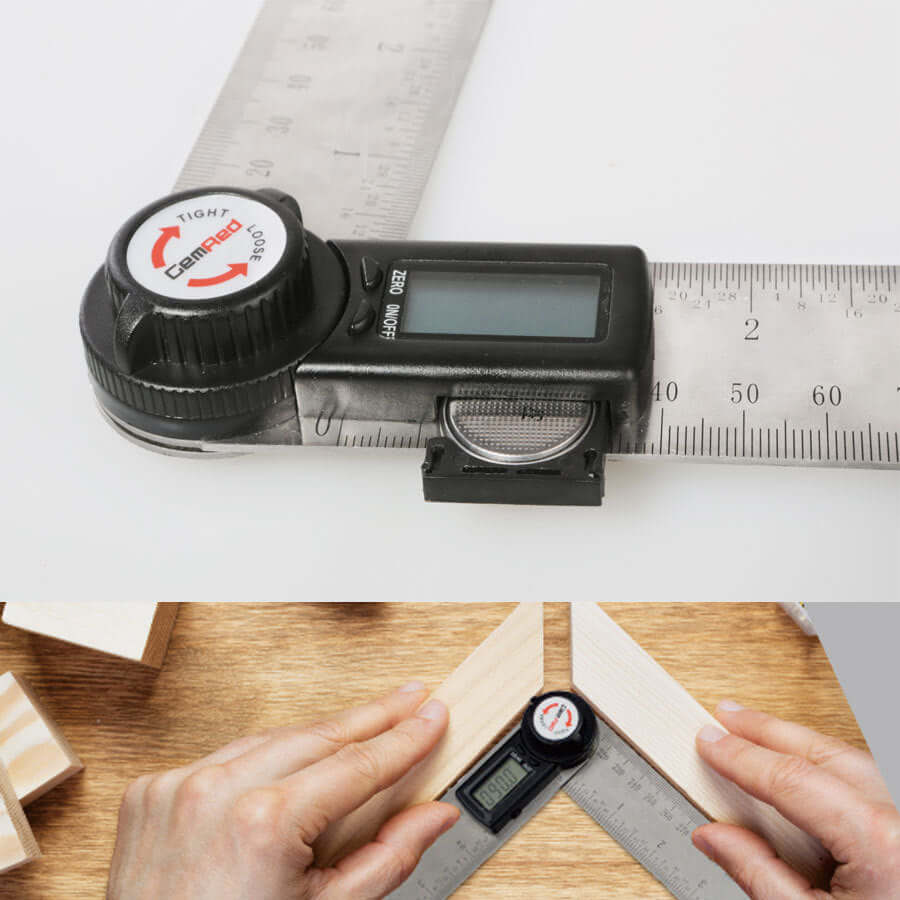 Electronic digital display angle ruler showing measurements and an operator using it on wood.
