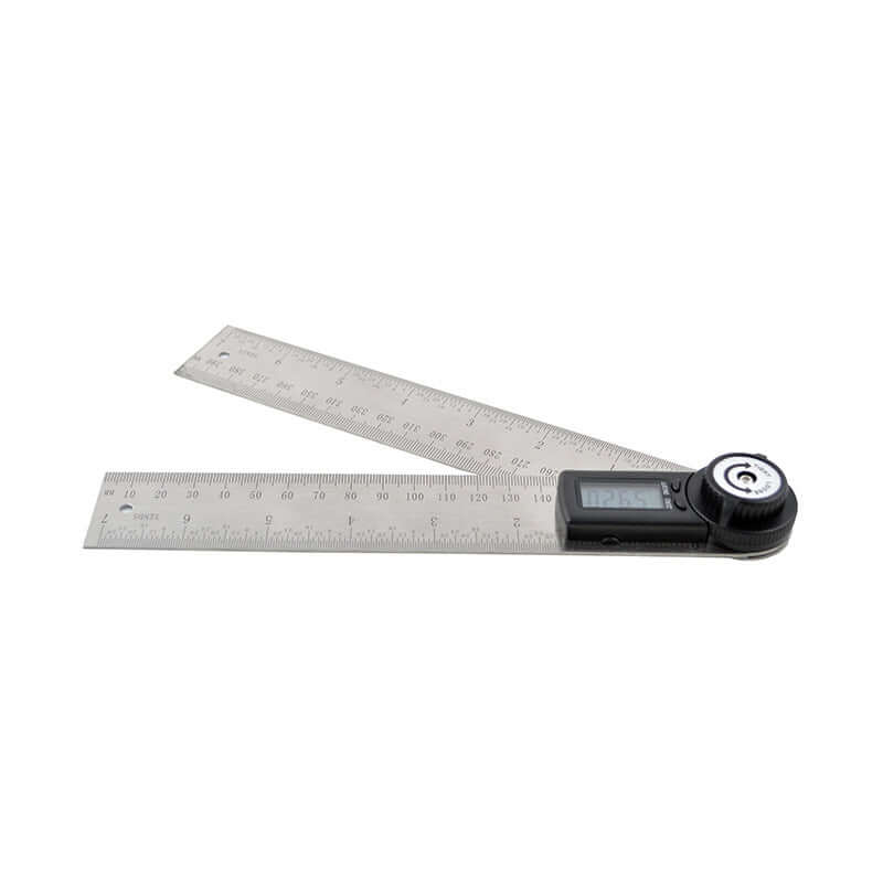 Electronic digital display angle ruler showing stainless steel design with digital readout and adjustable arms.