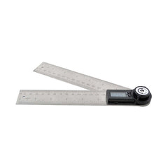 Electronic digital display angle ruler showing stainless steel design with digital readout and adjustable arms.