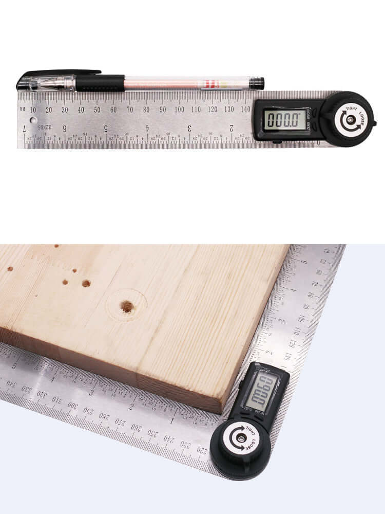 Electronic digital display angle ruler with measurement display on a wooden surface and a pen for scale.