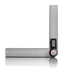 Electronic digital display angle ruler showing measurement of angles and lengths with digital readout.