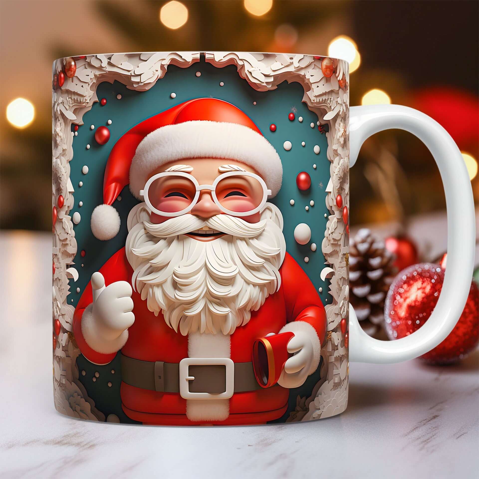 3D Christmas Ceramic Mug Snowman & Santa Holiday Coffee featuring a cheerful Santa Claus design