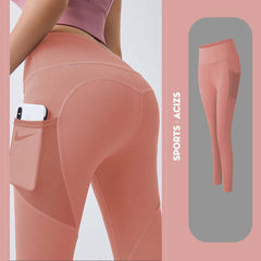 Woman's Pocket Yoga Leggings Tummy Control Fitness Pants in pink with side pocket for phone.