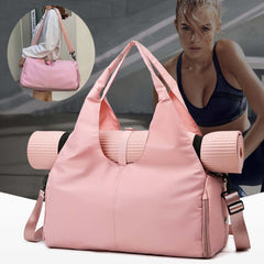 Womens Yoga Bag in pink color, perfect for carrying yoga mats and essentials, showing shoulder and crossbody style.