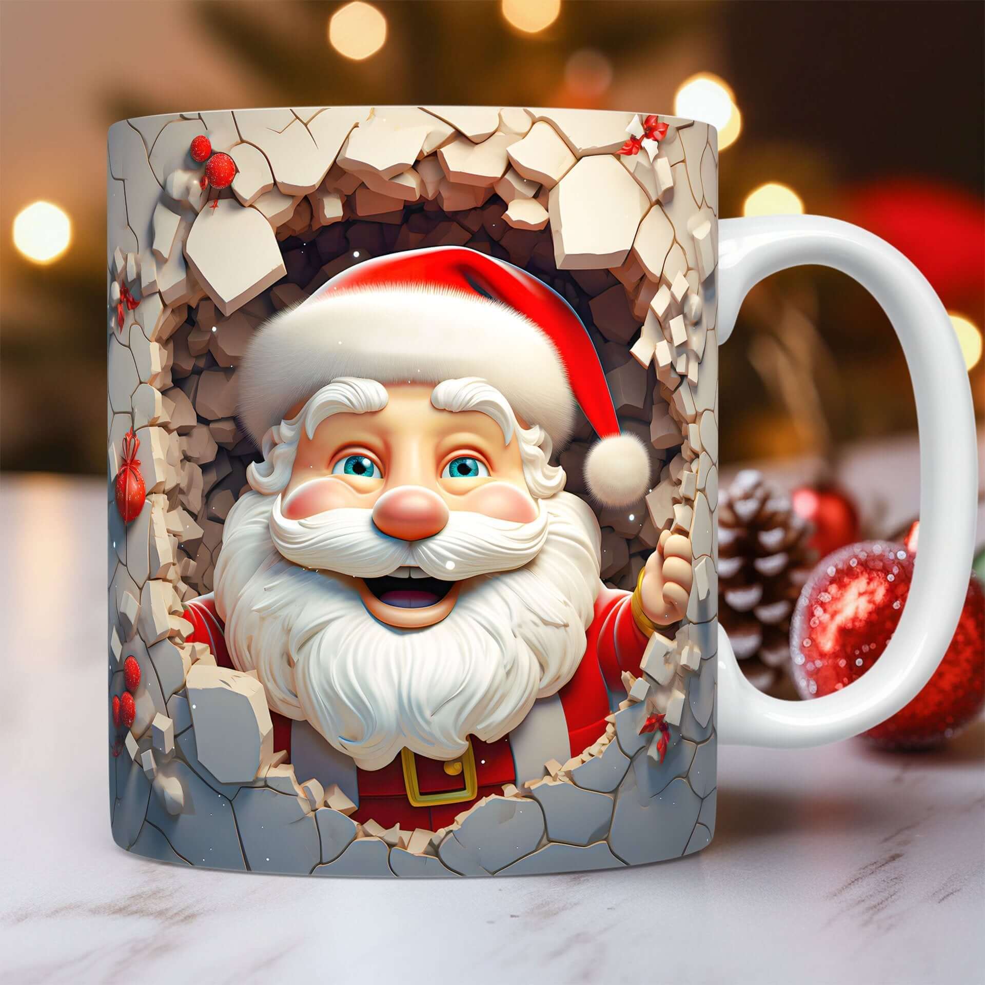 3D Christmas Ceramic Mug Snowman & Santa Holiday Coffee featuring a Santa inside a broken wall design.