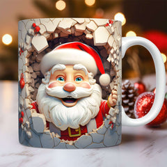 3D Christmas Ceramic Mug Snowman & Santa Holiday Coffee featuring a Santa inside a broken wall design.