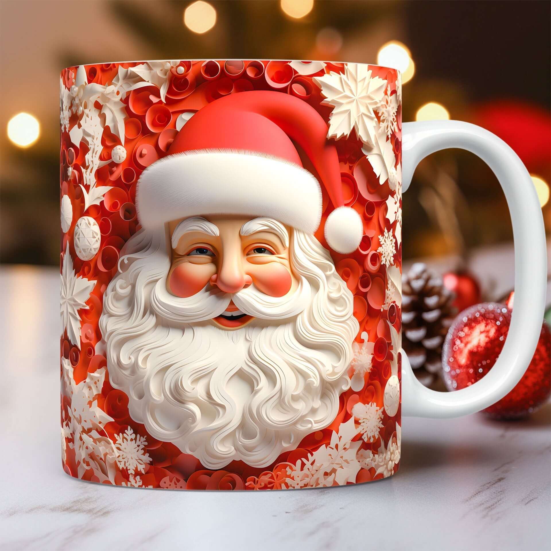 3D Christmas Ceramic Mug Snowman & Santa Holiday Coffee featuring a detailed Santa face design on a festive red background.