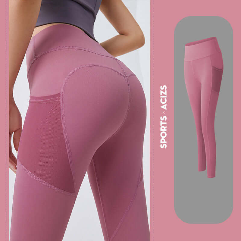 Woman's Pocket Yoga Leggings Tummy Control Fitness Pants in pink color, showcasing elastic and breathable material for comfort.