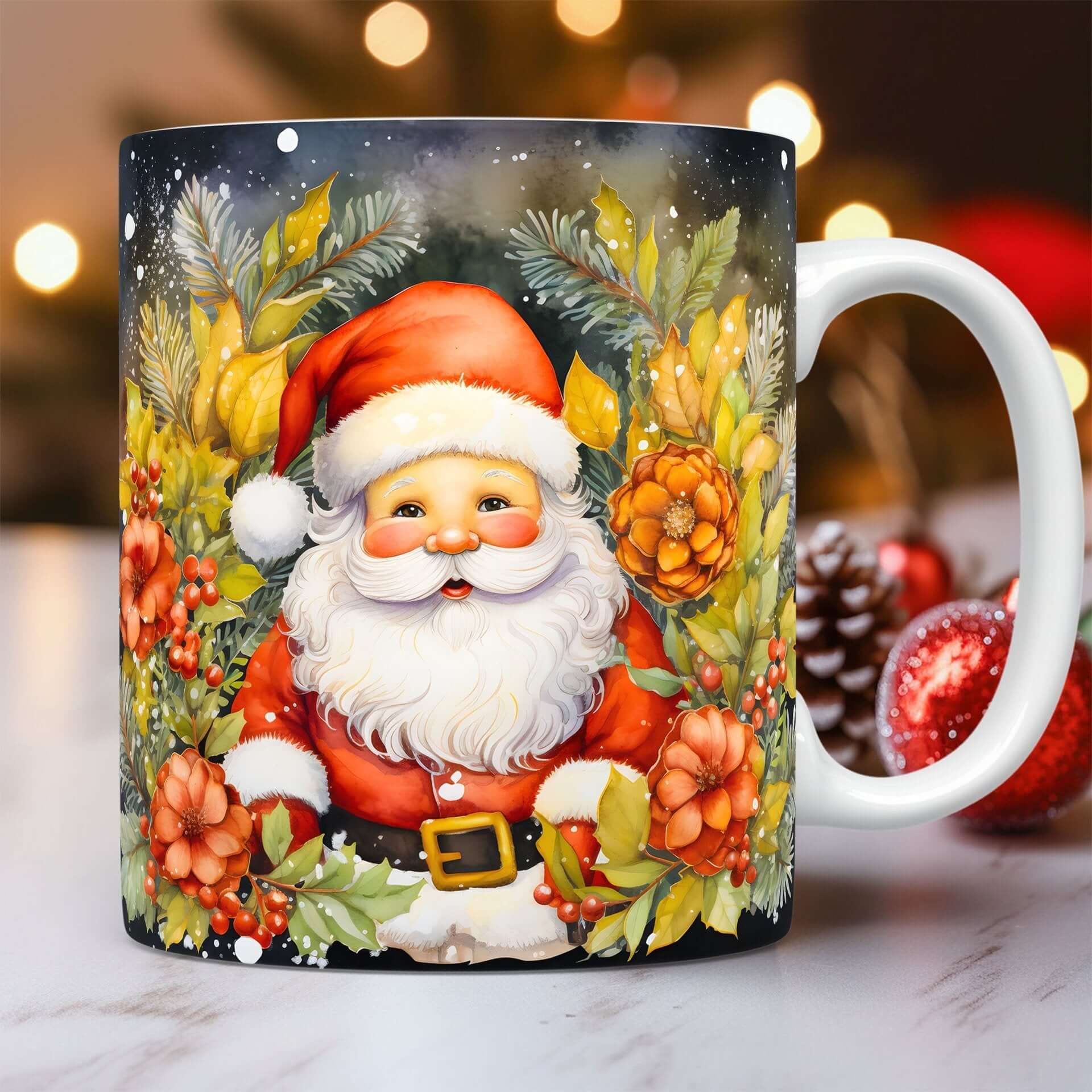 3D Christmas Ceramic Mug Snowman & Santa Holiday Coffee featuring a jolly Santa Claus surrounded by festive flowers and leaves.