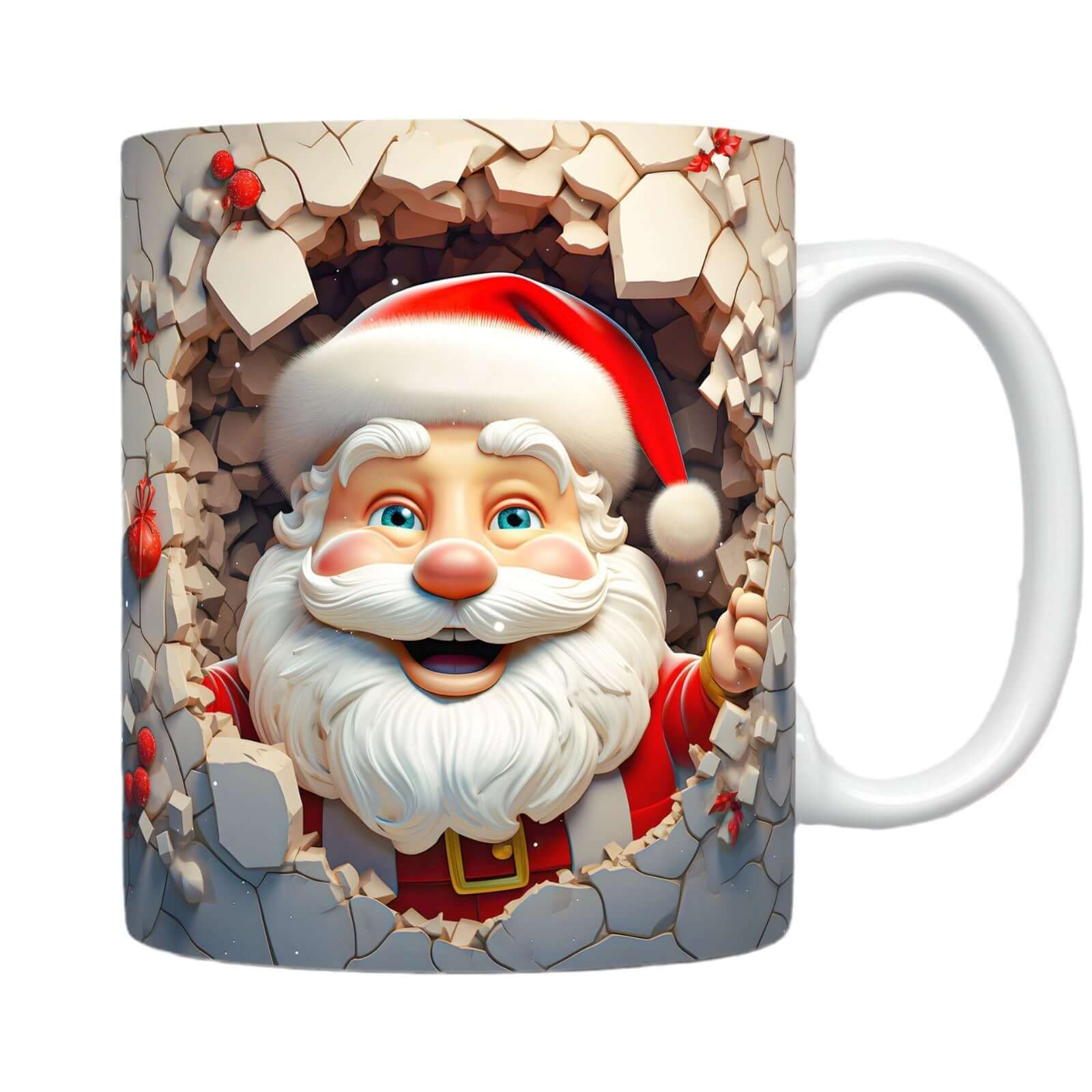 3D Christmas Ceramic Mug Snowman & Santa Holiday Coffee with a festive Santa Claus design peeking through a broken wall.