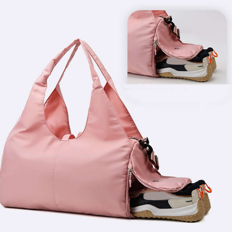 Womens Yoga Bag in pink with shoe compartment for easy storage and carry.