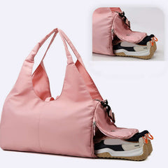 Womens Yoga Bag in pink with shoe compartment for easy storage and carry.