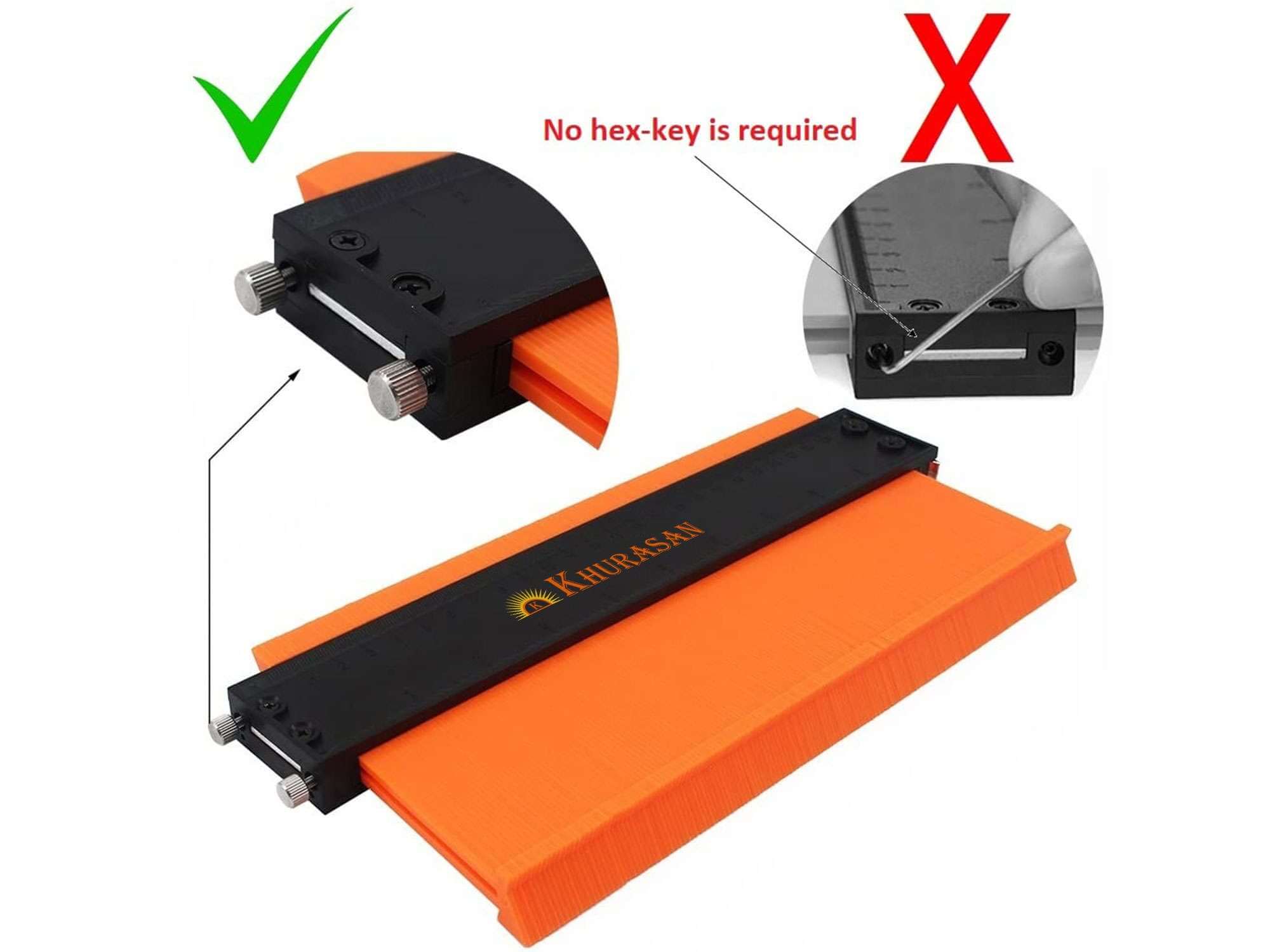 10 & 5 Contour Gauge Set with Lock showing correct and incorrect usage with no hex-key required.