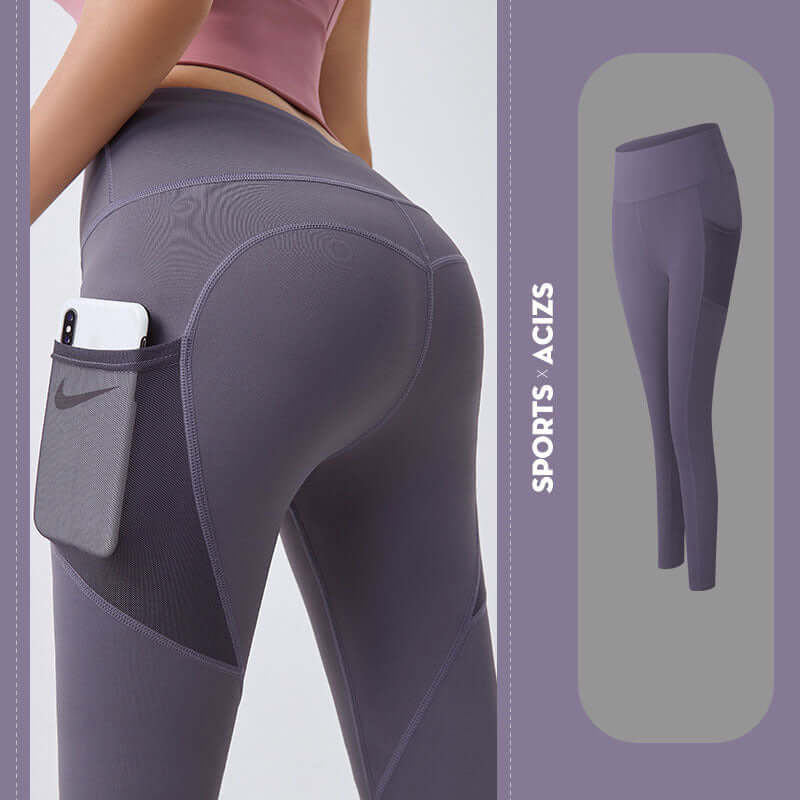 Woman's Pocket Yoga Leggings Tummy Control Fitness Pants in purple with a phone pocket and high stretch material.