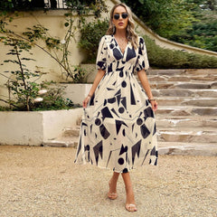 V-neck Printed Summer Beach Dress – Slim Fit, Short Sleeve, Long Style