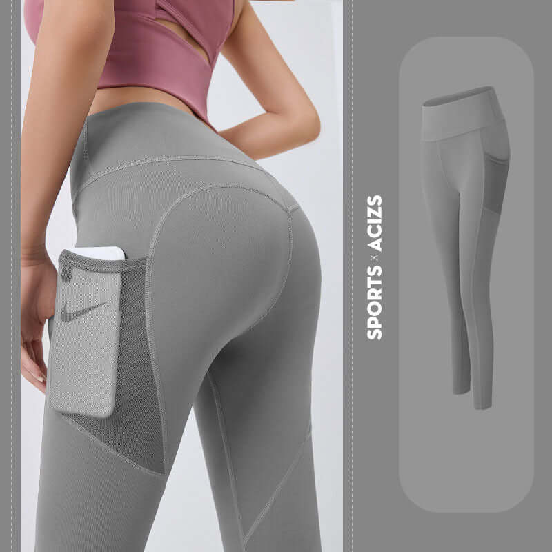 Woman's Pocket Yoga Leggings Tummy Control Fitness Pants in stylish gray with a pocket for convenience.