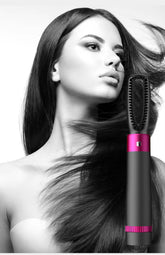 5-in-1 Hair Dryer & Styling Brush DryeR next to a woman with flowing hair, showcasing versatile styling options.