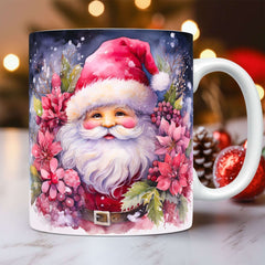3D Christmas Ceramic Mug Snowman & Santa Holiday Coffee featuring a festive Santa with flowers and a cozy winter background.