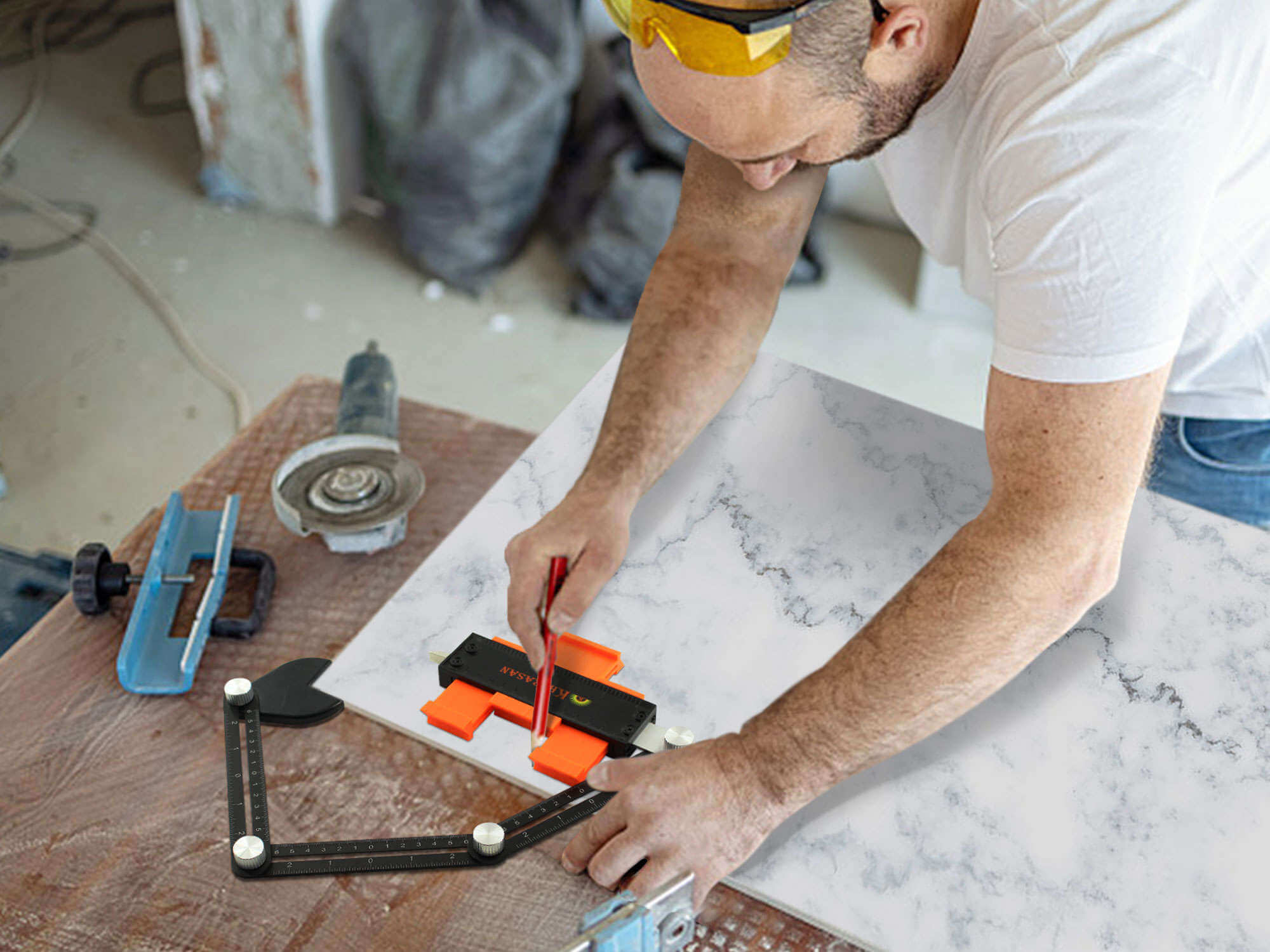 Person using the 10 & 5 Contour Gauge Set with Lock to measure and cut materials on a work surface.