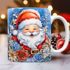 3D Christmas Ceramic Mug Snowman & Santa Holiday Coffee featuring a cheerful Santa design with festive flowers.