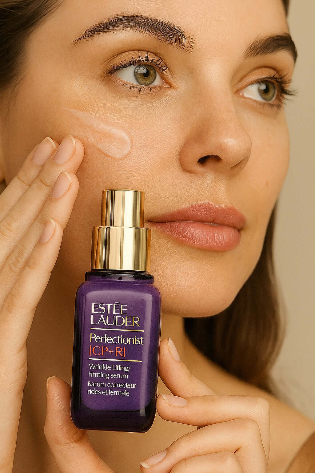 Estée Lauder Perfectionist CP+R Wrinkle Lifting serum being applied for youthful skin.