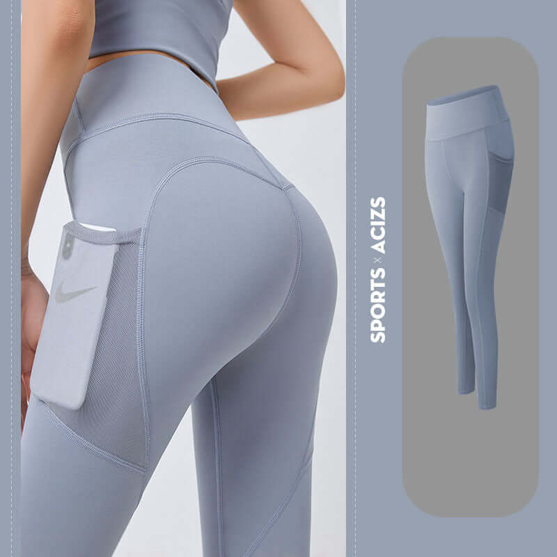 Woman's Pocket Yoga Leggings Tummy Control Fitness Pants in stylish gray with a pocket detail for convenience.