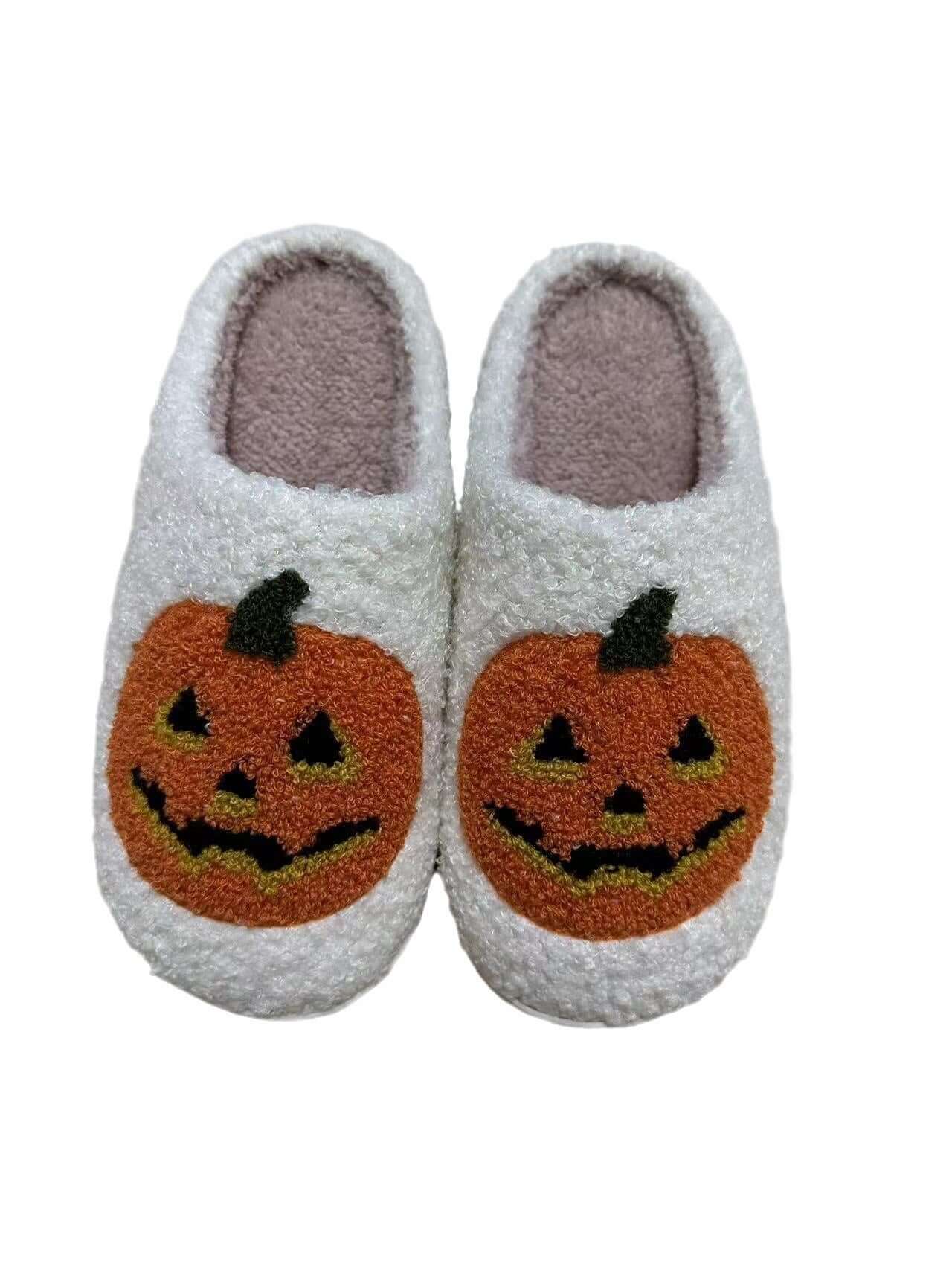 Halloween Pumpkin Cartoon Women's Shoes featuring a smiling pumpkin design on cozy slippers.