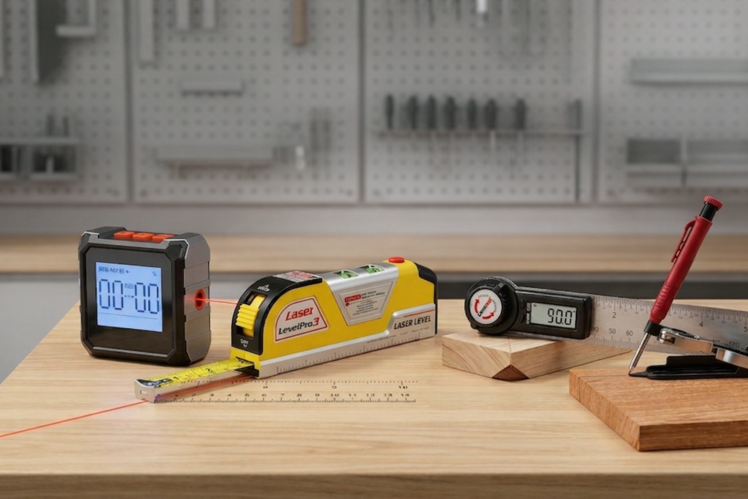 Khorasan Measuring and Layout Tools Collection - Laser Level Rulers and Gauges on Wood