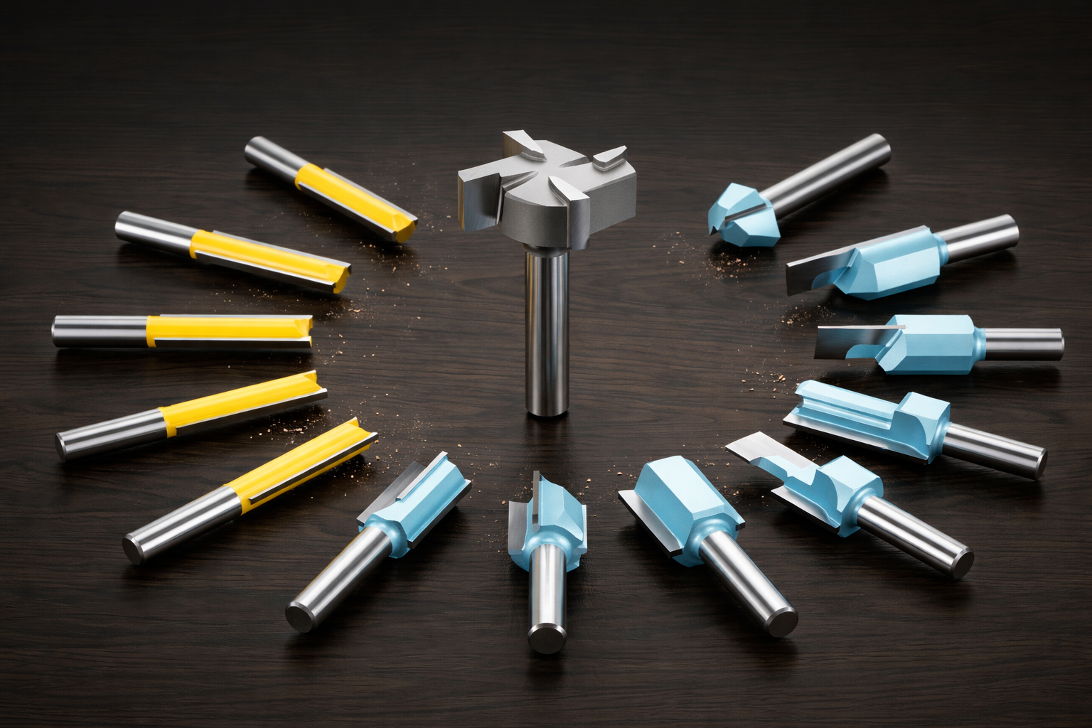 Khorasan Router Bits and Milling Tools Collection - Professional Router Bits Set on Dark Background