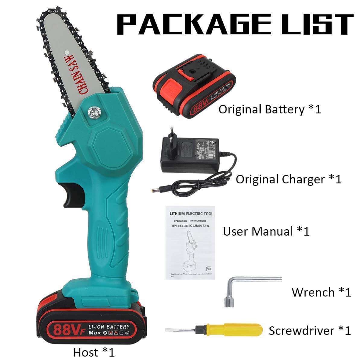 Khorasan Mini Cordless Chainsaw for Wood and Branch Cutting - Package List Teal with Battery and Charger