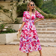 Elegant V-Neck Printed Chiffon Long Dress