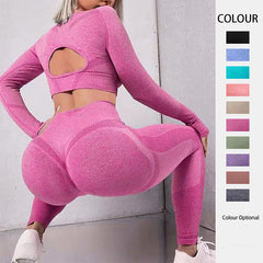 2-Piece Seamless Gym Set – Hollow Long Sleeve Top & Butt-Lifting High-Waist Leggings