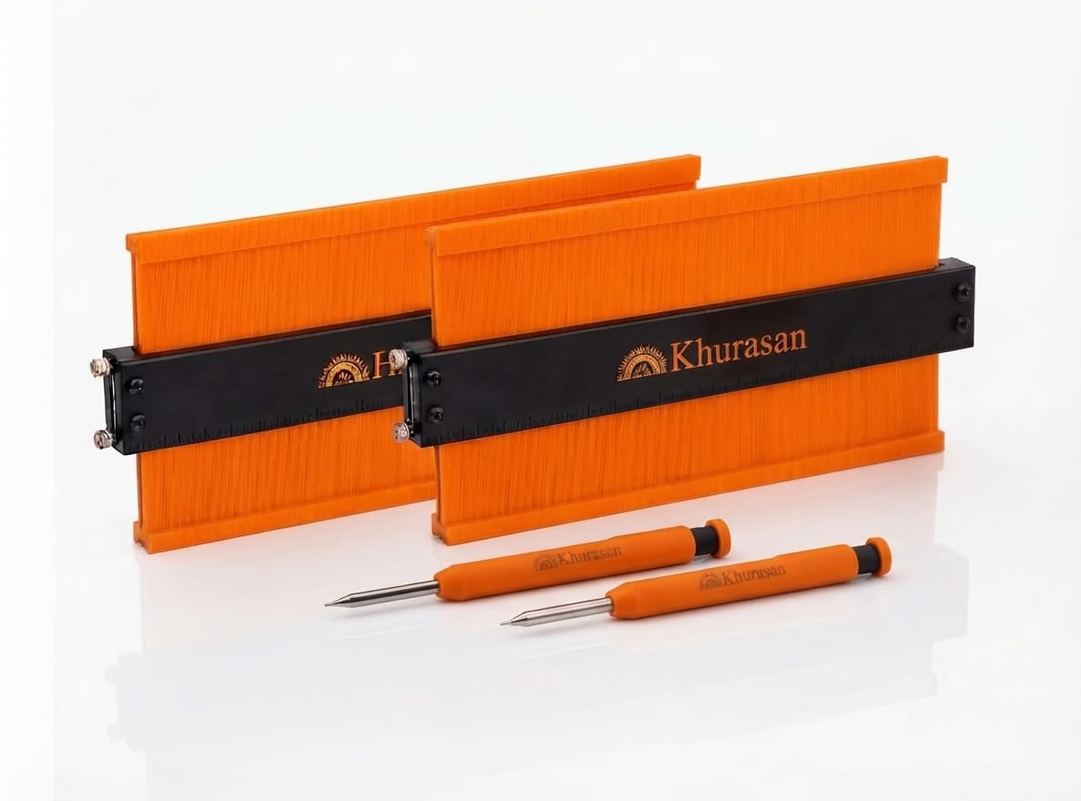 Two 10-inch contour gauges with metal locks and two carpenter pencils