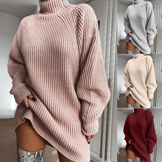 Cozy Solid Turtleneck Long Sweater Dress