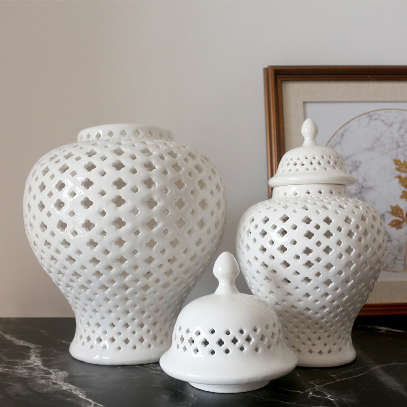 White Hollowed-out Ceramic General Jar