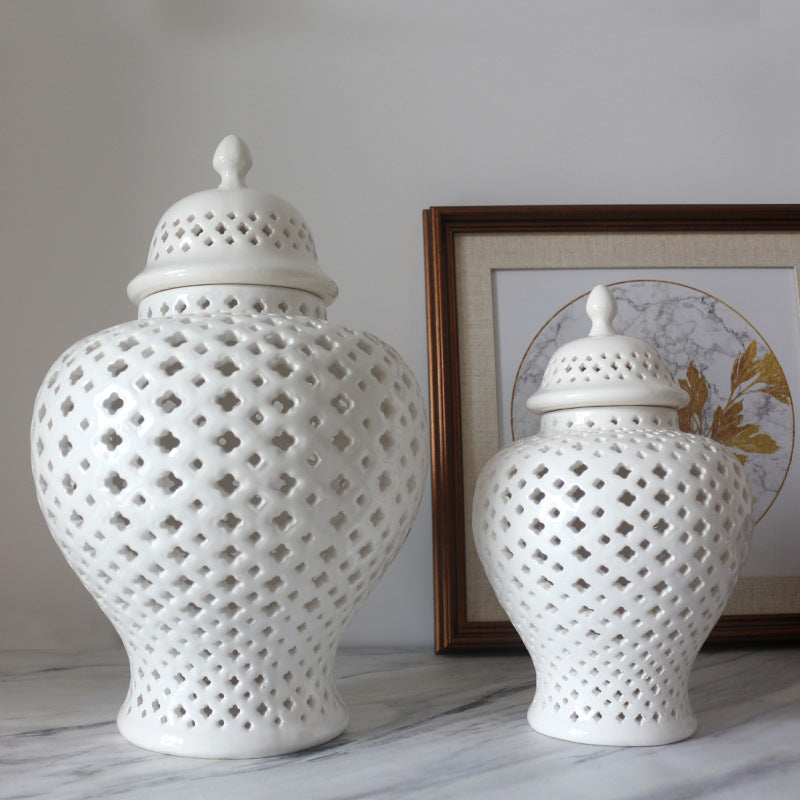 White Hollowed-out Ceramic General Jar