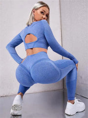 2-Piece Seamless Gym Set – Hollow Long Sleeve Top & Butt-Lifting High-Waist Leggings