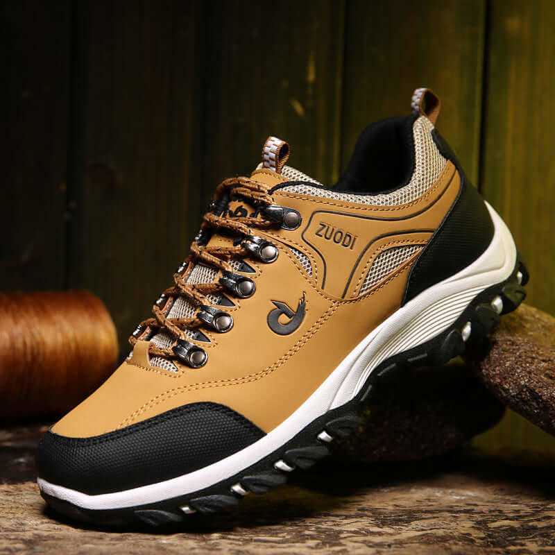 Overfoot shoes outdoor men hiking shoes in brown with black accents and lace-up style.