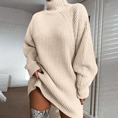 Cozy Solid Turtleneck Long Sweater Dress