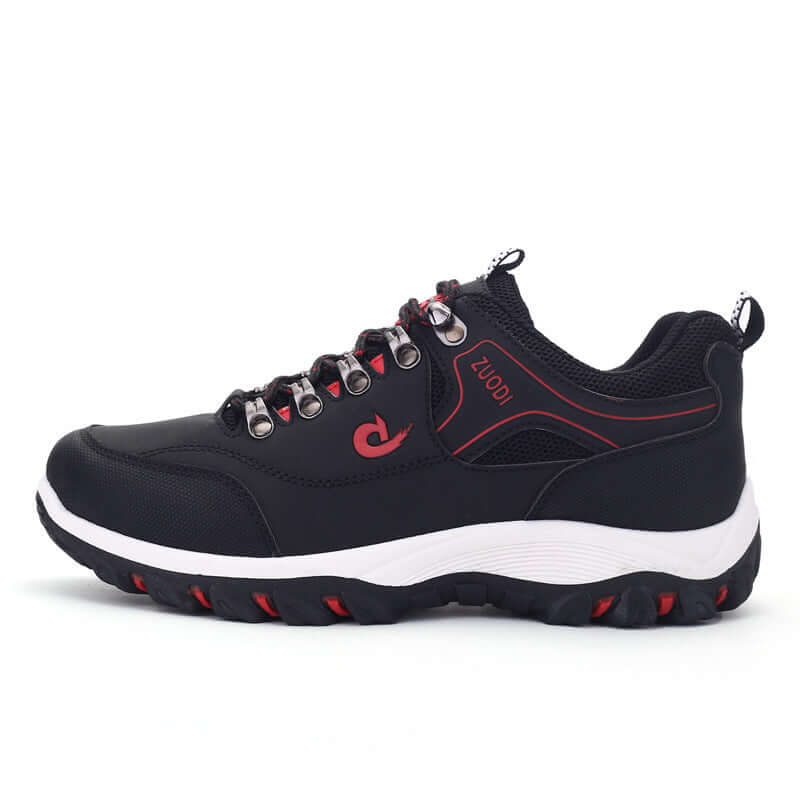 Overfoot shoes outdoor men hiking shoes with black and red design, perfect for outdoor activities.