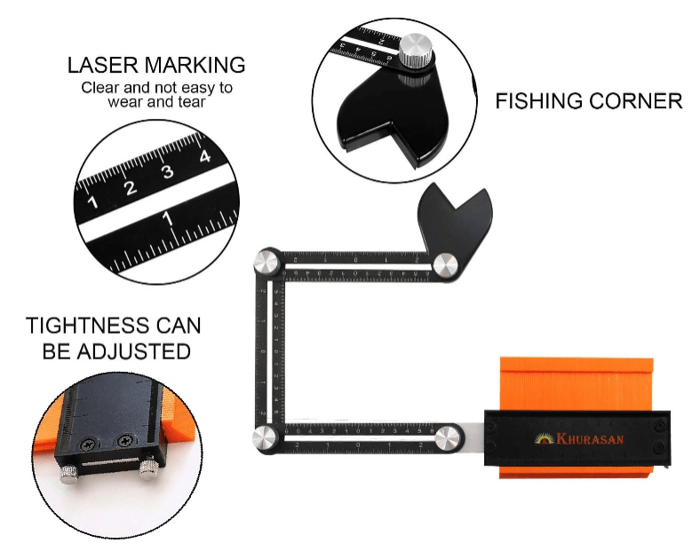 3-fold angle ruler feature callouts: laser marking, fishing corner, adjustable tightness