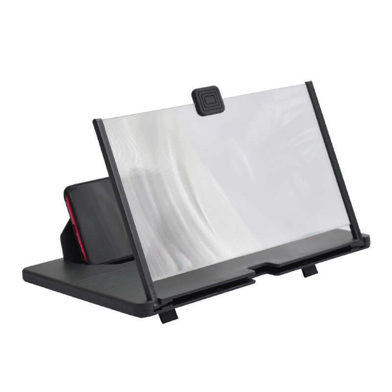 Mobile phone screen magnifier with a stand, designed to enhance video projection and viewing experience.