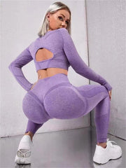 2-Piece Seamless Gym Set – Hollow Long Sleeve Top & Butt-Lifting High-Waist Leggings