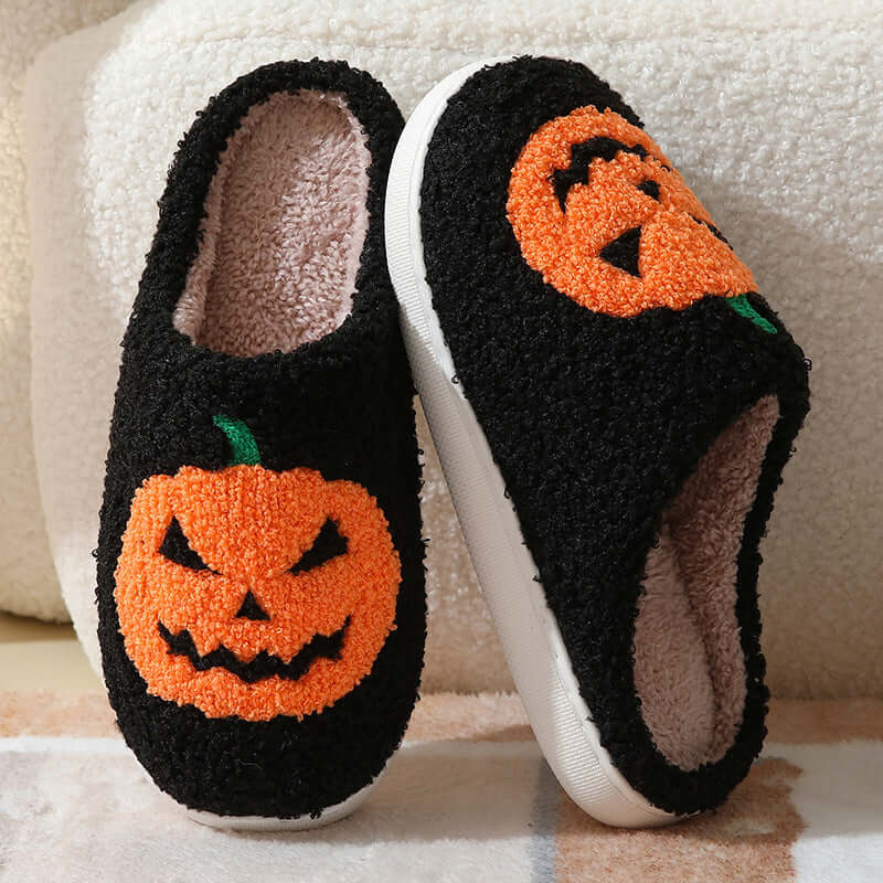 Halloween Pumpkin Cartoon Women's Shoes with black and orange pumpkin design, cozy slippers for festive style.