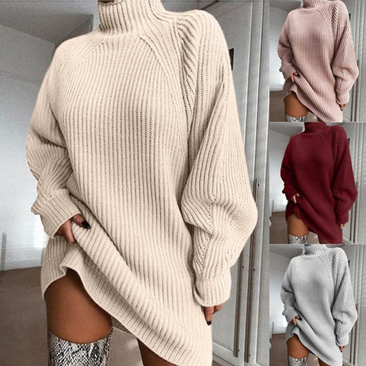 Cozy Solid Turtleneck Long Sweater Dress