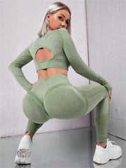 2-Piece Seamless Gym Set – Hollow Long Sleeve Top & Butt-Lifting High-Waist Leggings