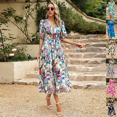 Elegant V-Neck Printed Chiffon Long Dress